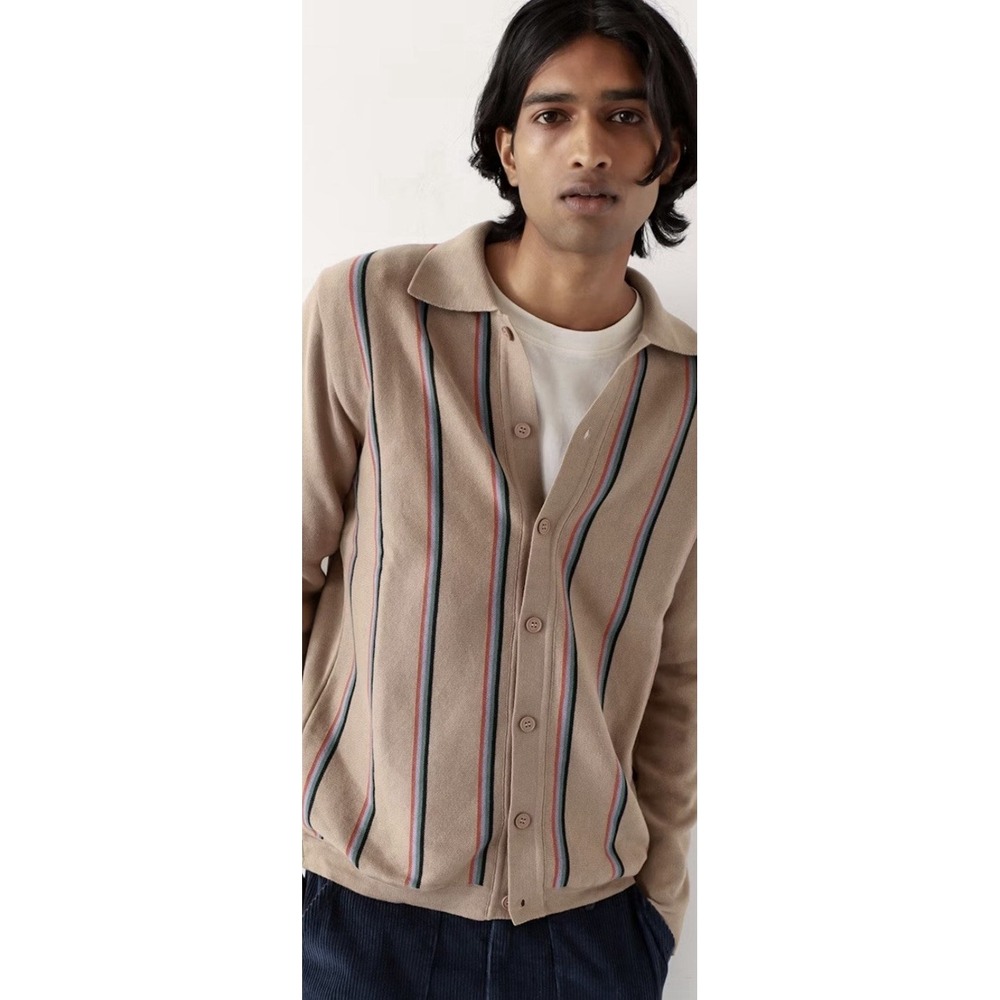 Far Afield Zigger Long Sleeve Cardigan Polo Shirt Tan Cotton, Size Small